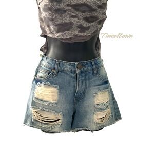 Tinseltown Distressed Frayed Blue Denim Jean Short Cotton Zip Button Fly SZ 5‎